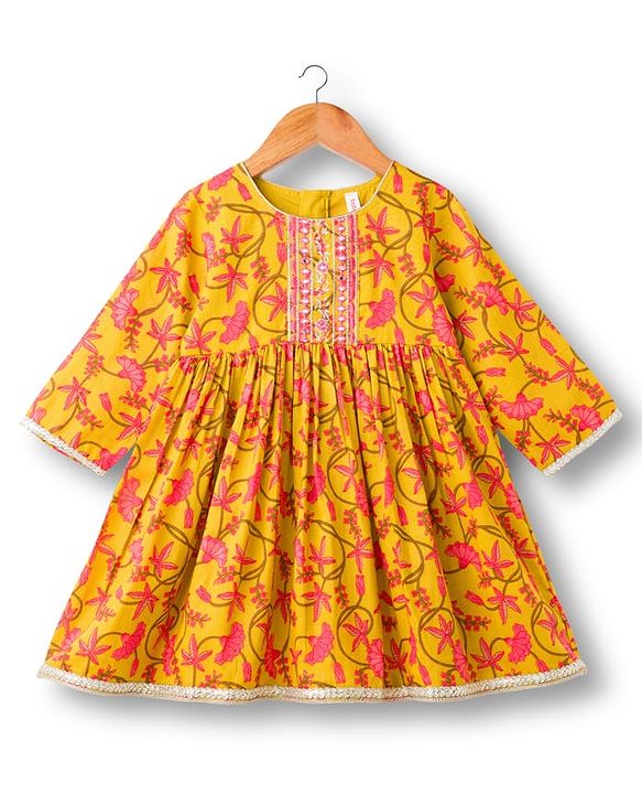 Babyhug Cambric Woven Full Sleeves Kurta Gharara & Dupatta Set With Floral Print - Mustard