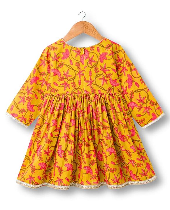 Babyhug Cambric Woven Full Sleeves Kurta Gharara & Dupatta Set With Floral Print - Mustard