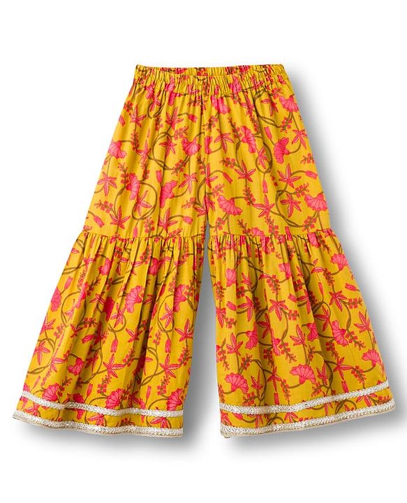 Babyhug Cambric Woven Full Sleeves Kurta Gharara & Dupatta Set With Floral Print - Mustard