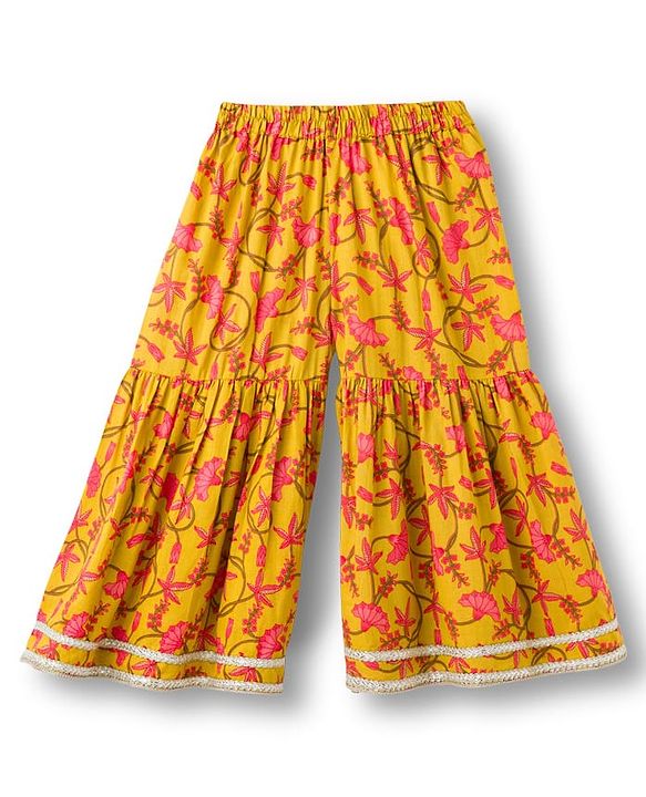 Babyhug Cambric Woven Full Sleeves Kurta Gharara & Dupatta Set With Floral Print - Mustard