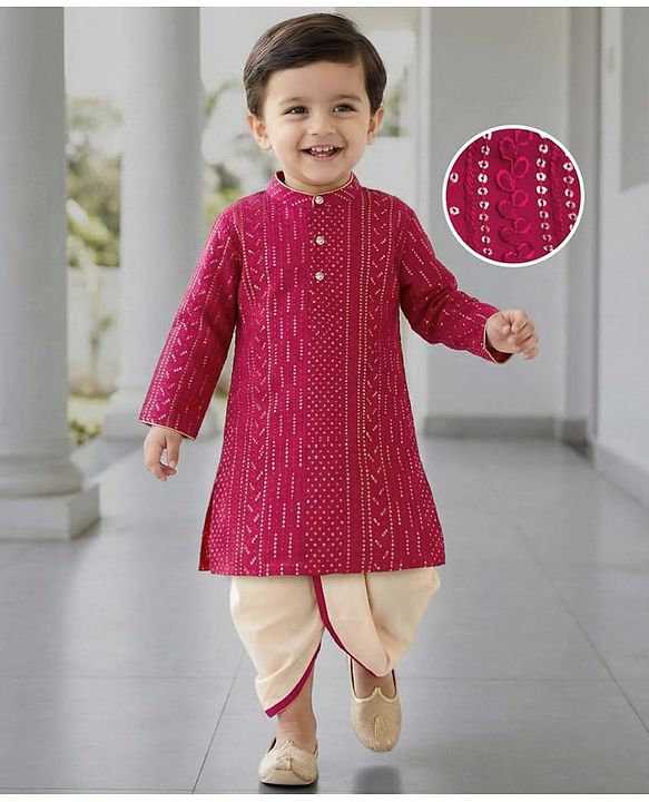 Babyhug Georgette Woven Full Sleeves Embellished Kurta Dhoti Set - Red & White