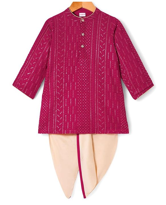 Babyhug Georgette Woven Full Sleeves Embellished Kurta Dhoti Set - Red & White