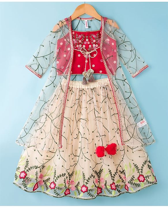 Babyhug Woven Choli Lehenga Set with Three Fourth Sleeves Jacket Floral Embroidery & Sequin Detailing - Multicolor