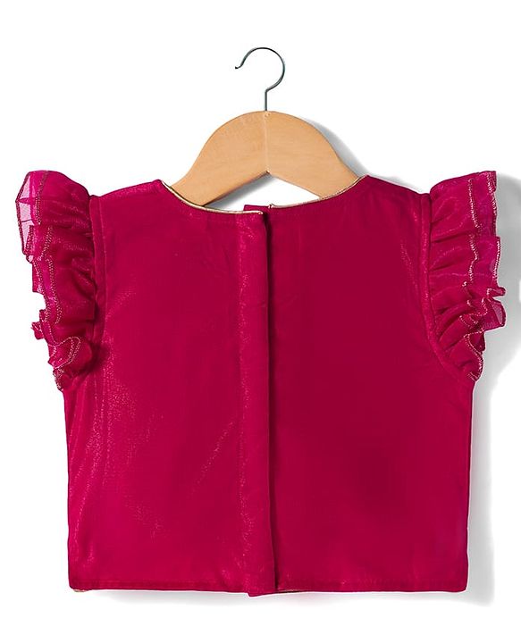 Babyhug Woven Frill Sleeves Choli Lehenga & Dupatta Set with Floral Embroidery - Fuchsia
