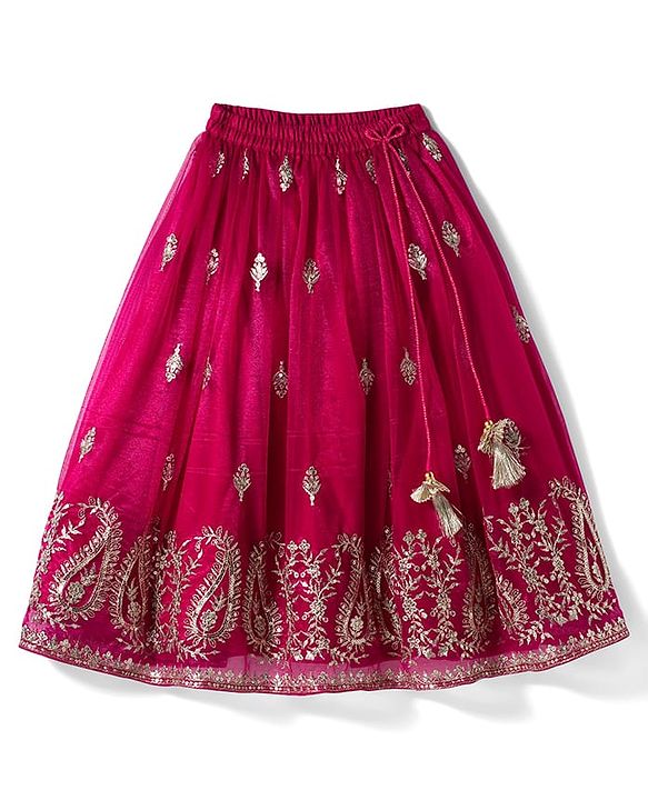 Babyhug Woven Frill Sleeves Choli Lehenga & Dupatta Set with Floral Embroidery - Fuchsia