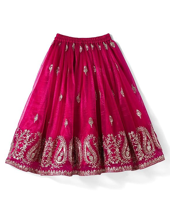 Babyhug Woven Frill Sleeves Choli Lehenga & Dupatta Set with Floral Embroidery - Fuchsia