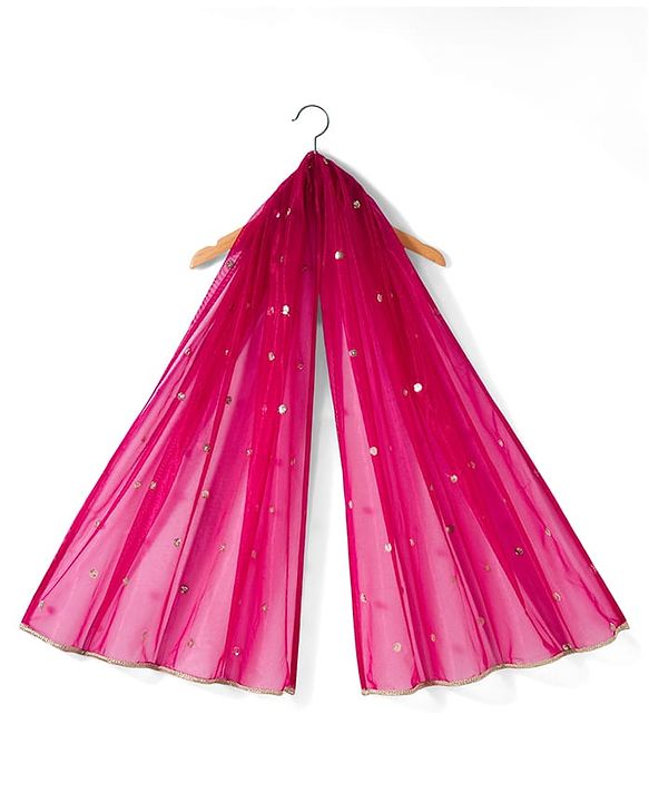 Babyhug Woven Frill Sleeves Choli Lehenga & Dupatta Set with Floral Embroidery - Fuchsia