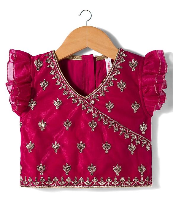 Babyhug Woven Frill Sleeves Choli Lehenga & Dupatta Set with Floral Embroidery - Fuchsia