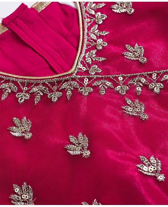 Babyhug Woven Frill Sleeves Choli Lehenga & Dupatta Set with Floral Embroidery - Fuchsia