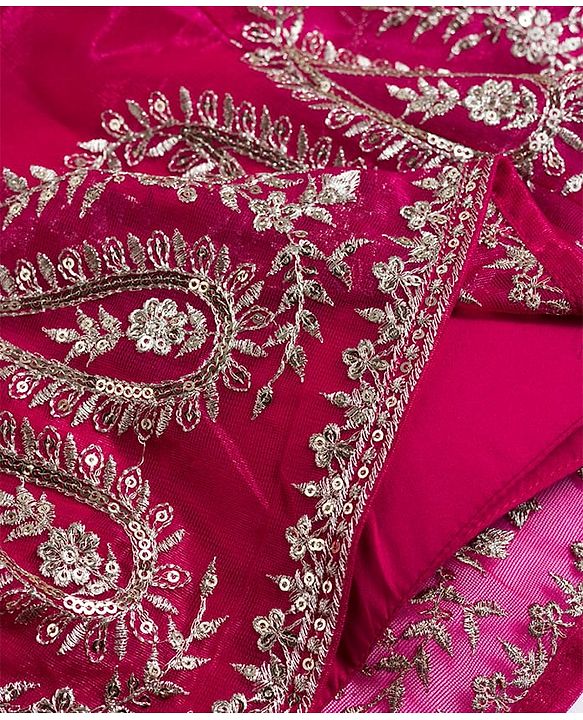 Babyhug Woven Frill Sleeves Choli Lehenga & Dupatta Set with Floral Embroidery - Fuchsia