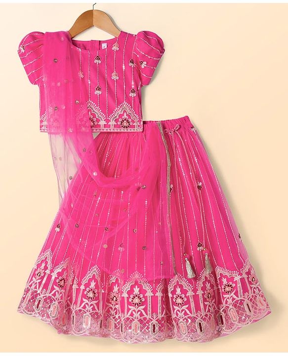 Babyhug Net Woven Half Puffed Sleeves Choli Lehenga & Dupatta Set with Floral Embroidery - Pink