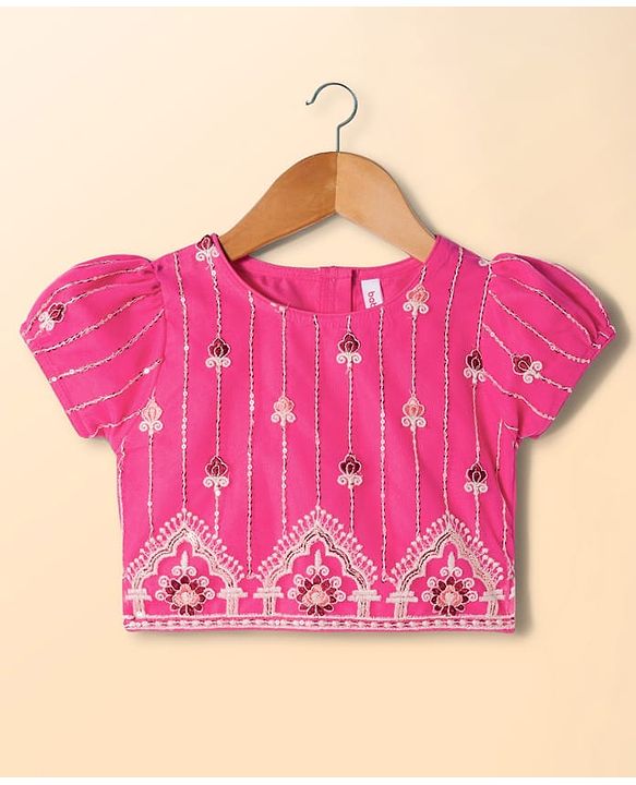 Babyhug Net Woven Half Puffed Sleeves Choli Lehenga & Dupatta Set with Floral Embroidery - Pink