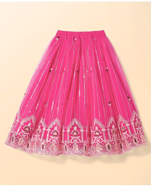 Babyhug Net Woven Half Puffed Sleeves Choli Lehenga & Dupatta Set with Floral Embroidery - Pink