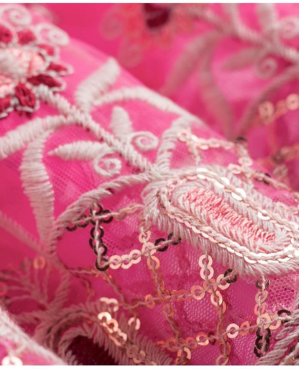 Babyhug Net Woven Half Puffed Sleeves Choli Lehenga & Dupatta Set with Floral Embroidery - Pink