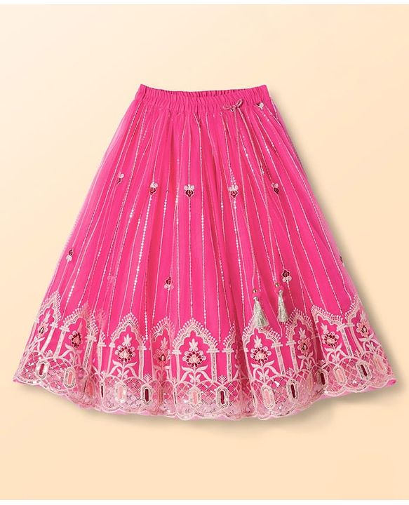 Babyhug Net Woven Half Puffed Sleeves Choli Lehenga & Dupatta Set with Floral Embroidery - Pink