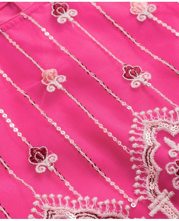 Babyhug Net Woven Half Puffed Sleeves Choli Lehenga & Dupatta Set with Floral Embroidery - Pink
