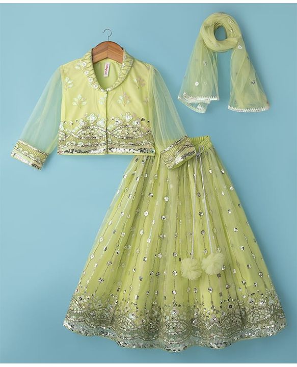 Babyhug Net Woven Three Fourth Choli Lehenga & Dupatta Set With Sequin Embriodery - Green