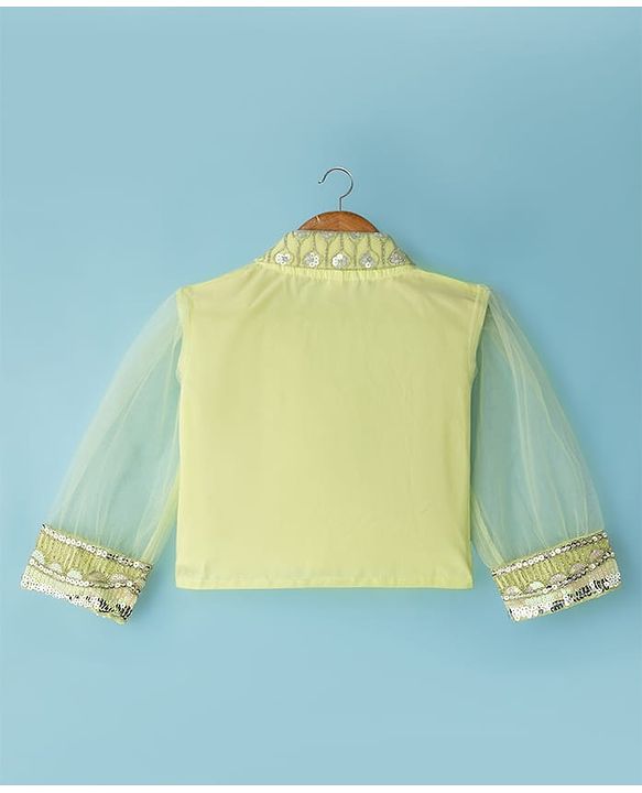 Babyhug Net Woven Three Fourth Choli Lehenga & Dupatta Set With Sequin Embriodery - Green