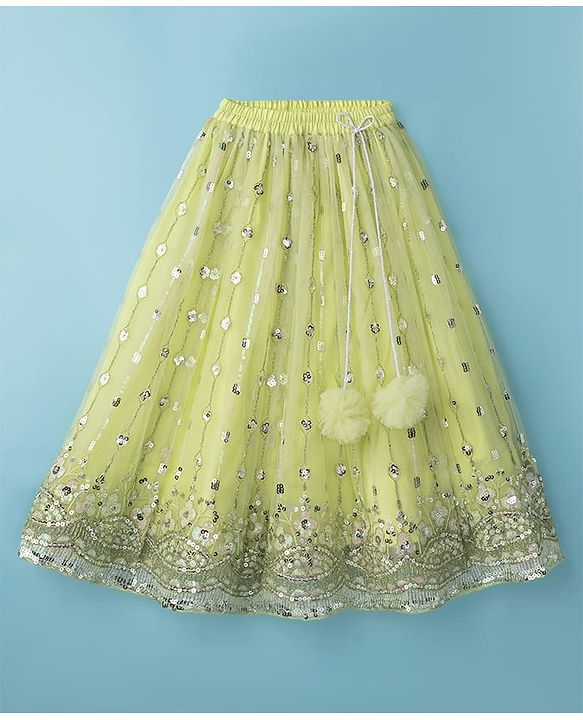 Babyhug Net Woven Three Fourth Choli Lehenga & Dupatta Set With Sequin Embriodery - Green