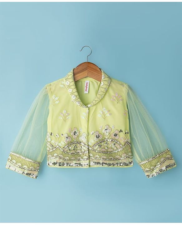 Babyhug Net Woven Three Fourth Choli Lehenga & Dupatta Set With Sequin Embriodery - Green