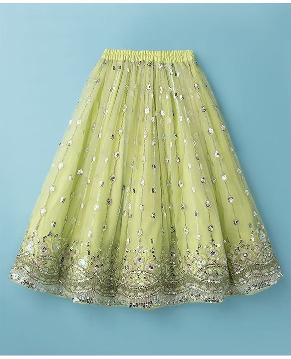 Babyhug Net Woven Three Fourth Choli Lehenga & Dupatta Set With Sequin Embriodery - Green