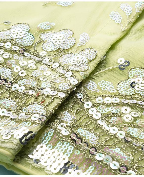 Babyhug Net Woven Three Fourth Choli Lehenga & Dupatta Set With Sequin Embriodery - Green