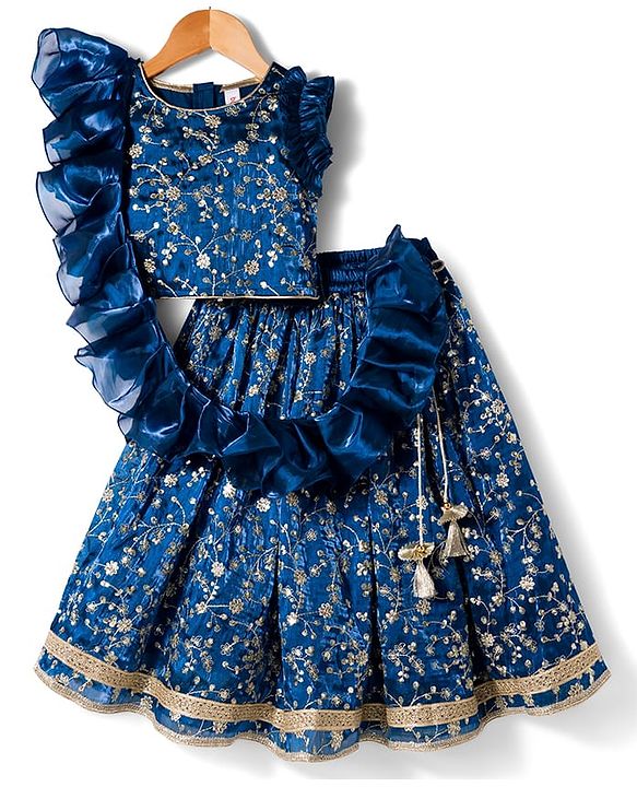 Babyhug Woven Sleeveless Choli Lehenga & Frilled Dupatta Set with Floral Embroidery - Navy Blue