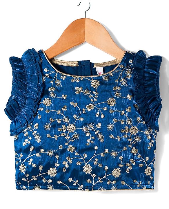 Babyhug Woven Sleeveless Choli Lehenga & Frilled Dupatta Set with Floral Embroidery - Navy Blue