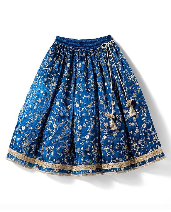 Babyhug Woven Sleeveless Choli Lehenga & Frilled Dupatta Set with Floral Embroidery - Navy Blue