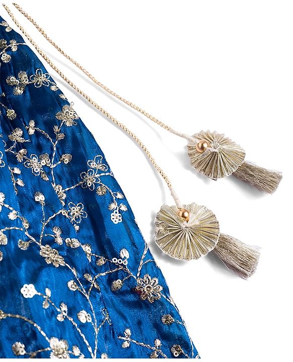 Babyhug Woven Sleeveless Choli Lehenga & Frilled Dupatta Set with Floral Embroidery - Navy Blue