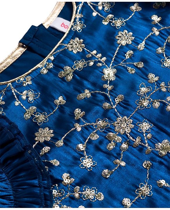 Babyhug Woven Sleeveless Choli Lehenga & Frilled Dupatta Set with Floral Embroidery - Navy Blue