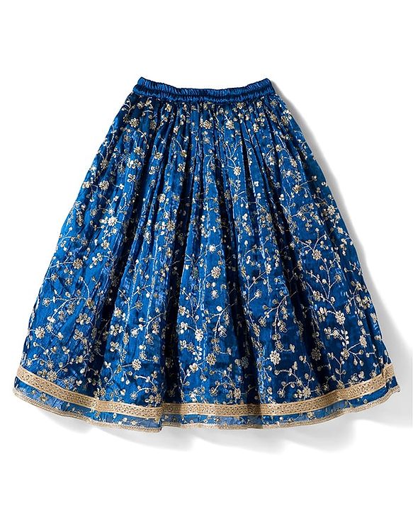 Babyhug Woven Sleeveless Choli Lehenga & Frilled Dupatta Set with Floral Embroidery - Navy Blue