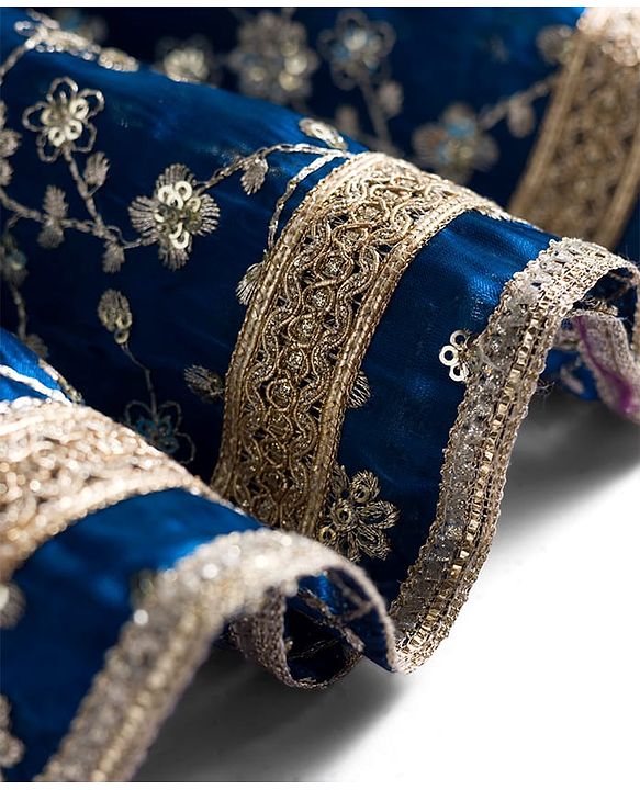 Babyhug Woven Sleeveless Choli Lehenga & Frilled Dupatta Set with Floral Embroidery - Navy Blue