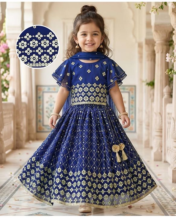 Babyhug Georgette Woven Half Flutter Sleeves Choli Lehenga Set with Dupatta & Embroidery - Navy Blue