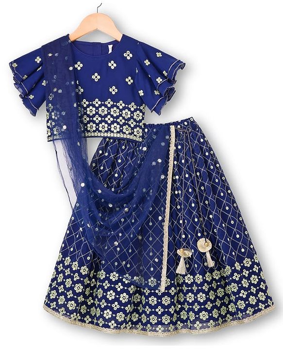Babyhug Georgette Woven Half Flutter Sleeves Choli Lehenga Set with Dupatta & Embroidery - Navy Blue