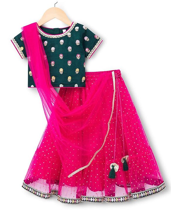 Babyhug Brocade Woven Half Sleeves Choli Shimmer Net Lehenga & Dupatta Set with Floral Embroidery - Fuchsia