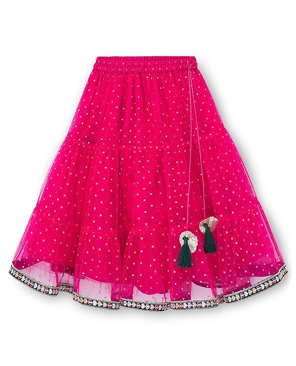 Babyhug Brocade Woven Half Sleeves Choli Shimmer Net Lehenga & Dupatta Set with Floral Embroidery - Fuchsia