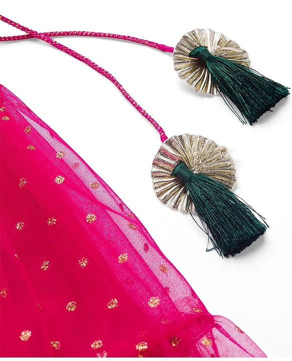 Babyhug Brocade Woven Half Sleeves Choli Shimmer Net Lehenga & Dupatta Set with Floral Embroidery - Fuchsia