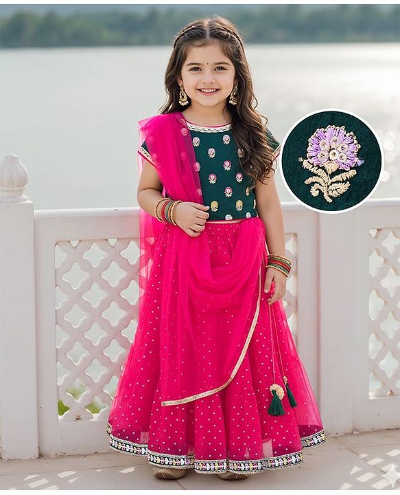 Babyhug Brocade Woven Half Sleeves Choli Shimmer Net Lehenga & Dupatta Set with Floral Embroidery - Fuchsia