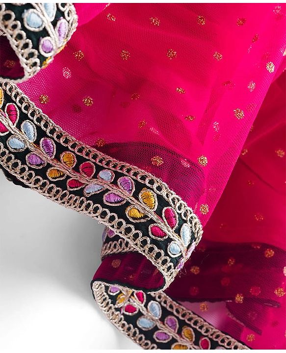 Babyhug Brocade Woven Half Sleeves Choli Shimmer Net Lehenga & Dupatta Set with Floral Embroidery - Fuchsia