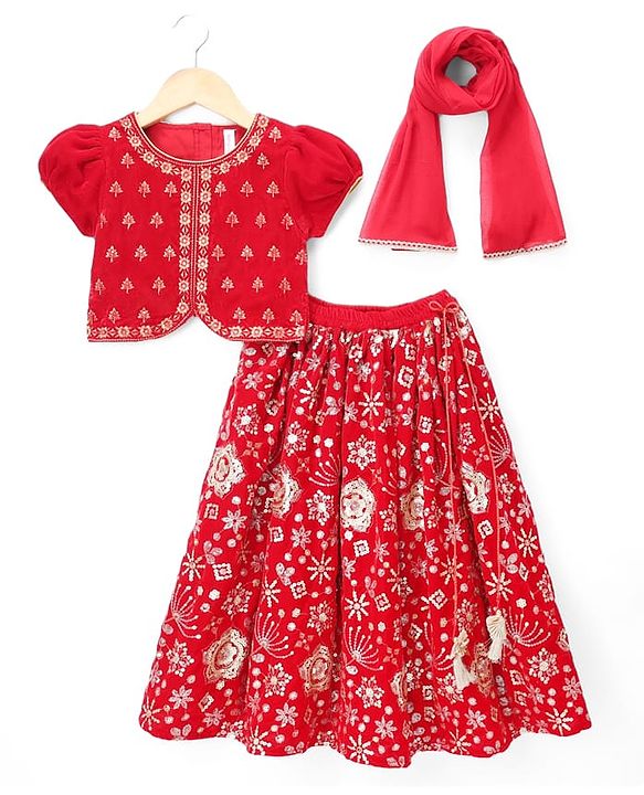 Babyhug Velvet Woven Half Puffed Sleeves Choli Lehenga & Dupatta Set with Floral Embroidery & Embellishments - Red