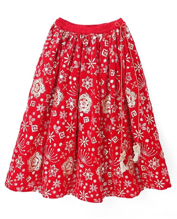 Babyhug Velvet Woven Half Puffed Sleeves Choli Lehenga & Dupatta Set with Floral Embroidery & Embellishments - Red