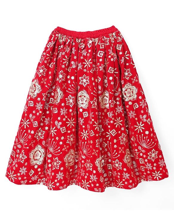 Babyhug Velvet Woven Half Puffed Sleeves Choli Lehenga & Dupatta Set with Floral Embroidery & Embellishments - Red