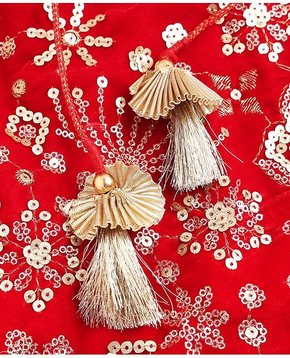 Babyhug Velvet Woven Half Puffed Sleeves Choli Lehenga & Dupatta Set with Floral Embroidery & Embellishments - Red