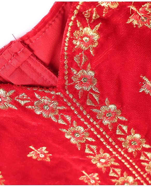 Babyhug Velvet Woven Half Puffed Sleeves Choli Lehenga & Dupatta Set with Floral Embroidery & Embellishments - Red