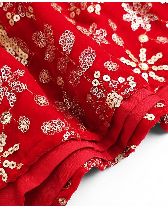 Babyhug Velvet Woven Half Puffed Sleeves Choli Lehenga & Dupatta Set with Floral Embroidery & Embellishments - Red