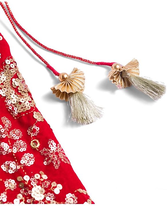 Babyhug Velvet Woven Half Puffed Sleeves Choli Lehenga & Dupatta Set with Floral Embroidery & Embellishments - Red