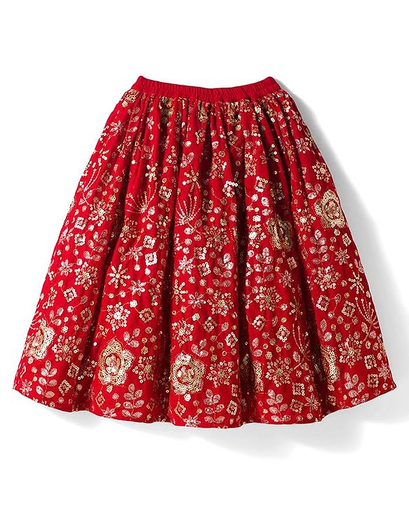 Babyhug Velvet Woven Half Puffed Sleeves Choli Lehenga & Dupatta Set with Floral Embroidery & Embellishments - Red