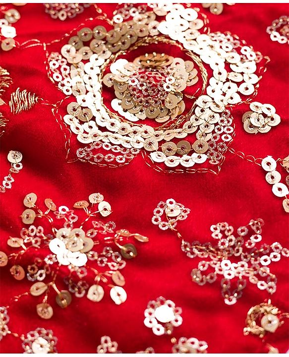 Babyhug Velvet Woven Half Puffed Sleeves Choli Lehenga & Dupatta Set with Floral Embroidery & Embellishments - Red