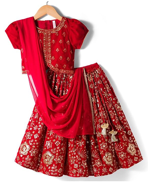 Babyhug Velvet Woven Half Puffed Sleeves Choli Lehenga & Dupatta Set with Floral Embroidery & Embellishments - Red